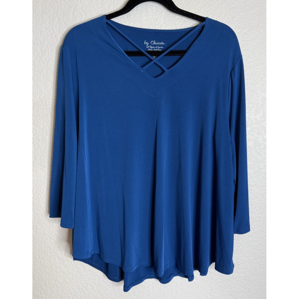 Chicos 3 US Size XL Blue Asymmetrical Top Blouse Nautical‎ Beach Travel Career